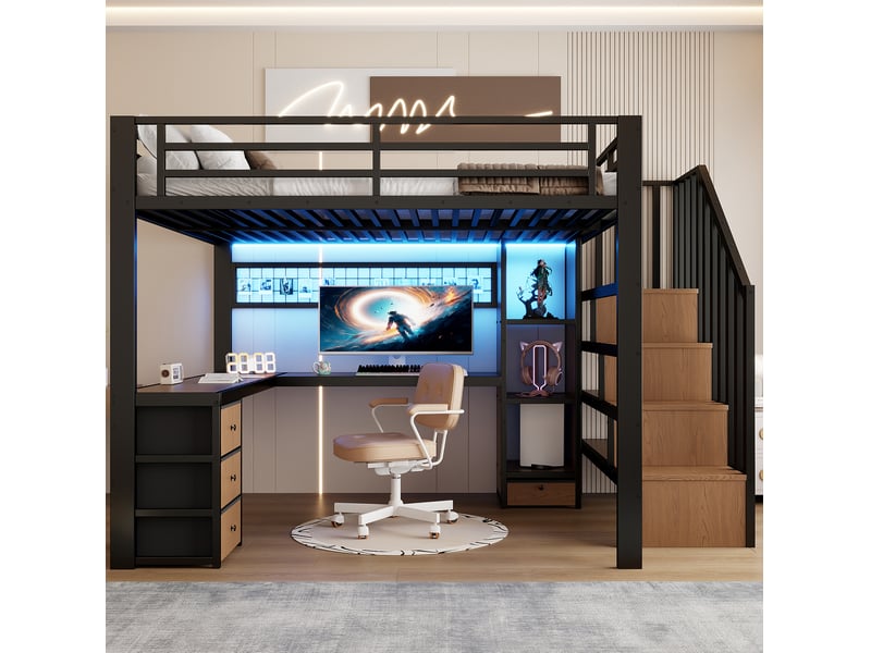  Lit mezzanine enfant 140x200 cm avec bureau, rangements et led noir  - Conforama D