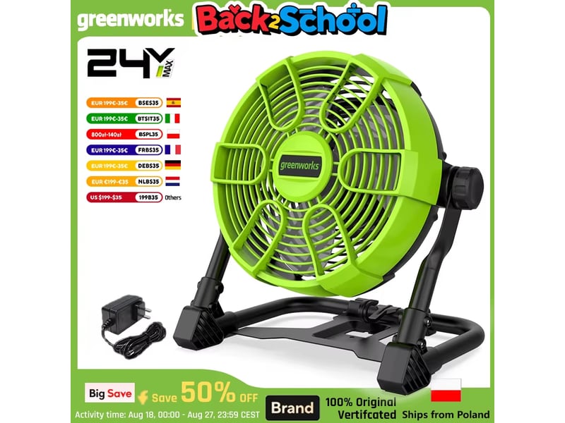  Greenworks ventilateur 24 v 10 (5 vitesses) 500 cfm hybride 360 ° rotatif (ac dc) avec chargeur ac batterie 4ah et chargeur rapide inclus  - Conforama C