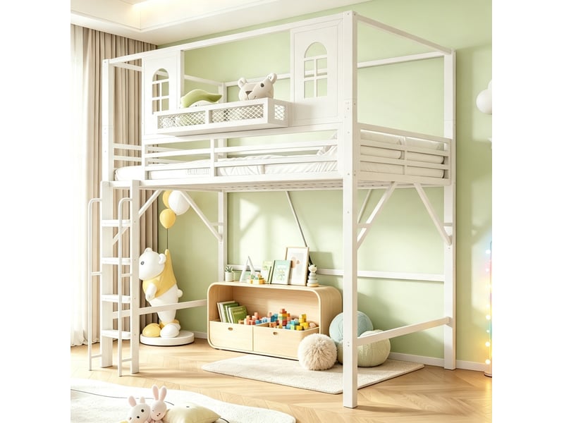 Lit mezzanine enfant 90 x 200 cm blanc en métal et mdf avec toit, échelle et étagère - Conforama C
