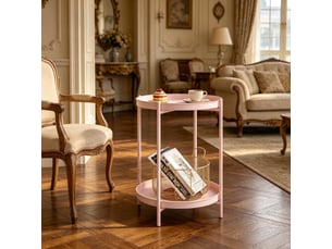 Table basse ronde avec 2 plateaux de rangement amovibles et pieds réglables en métal pour salon, 44×44×53 cm, rose