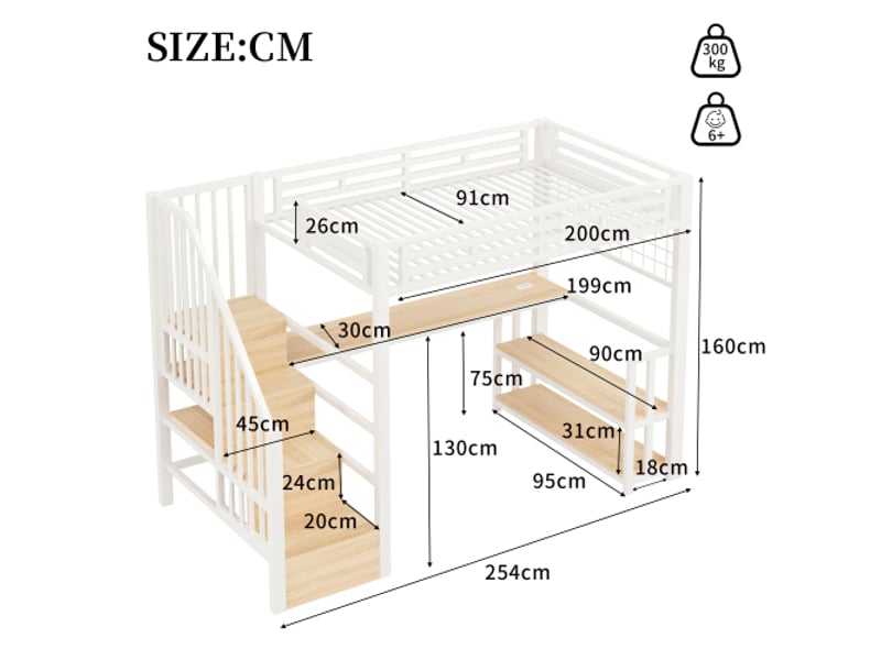 Lit mezzanine blanc 90x200 cm, cadre métal, bureau, led, escalier avec rangement, 2 usb + usb-c, sans matelas - Conforama C