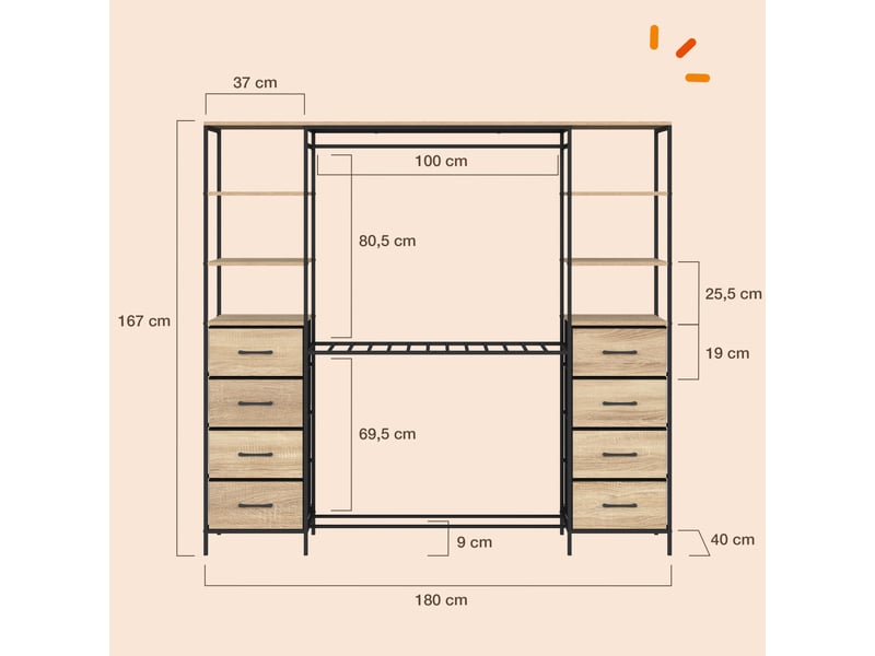  Dressing double xxl utah 180 cm avec porte pantalons, étagères, bacs en tissu et porte chaussures bois et noir  - Conforama D