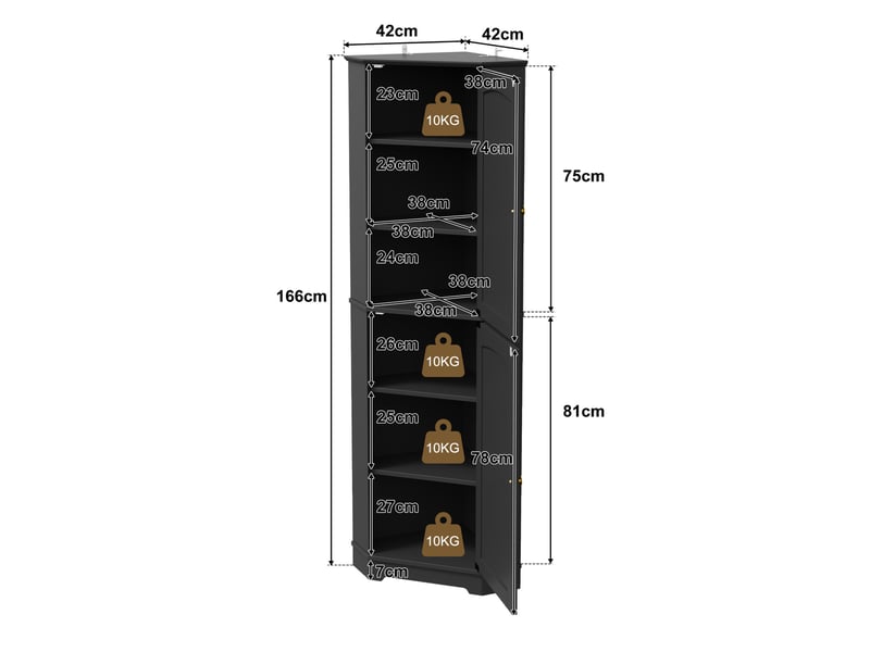  Armoire d'angle de rangement 42x42x166 cm - noire - 2 portes et étagères réglables, format compact  - Conforama C