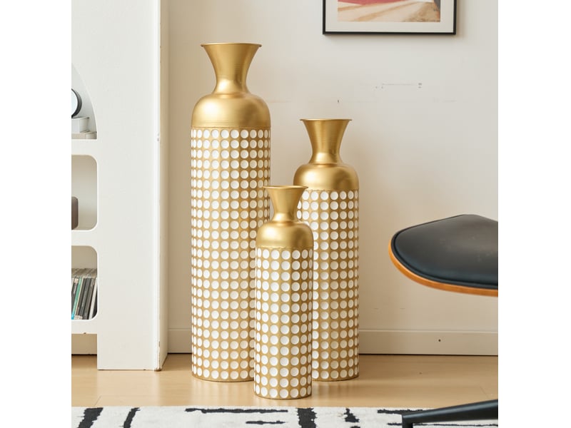 Lot de 3 vases de sol en métal à pois blancs, bronze antique et blanc - Conforama B
