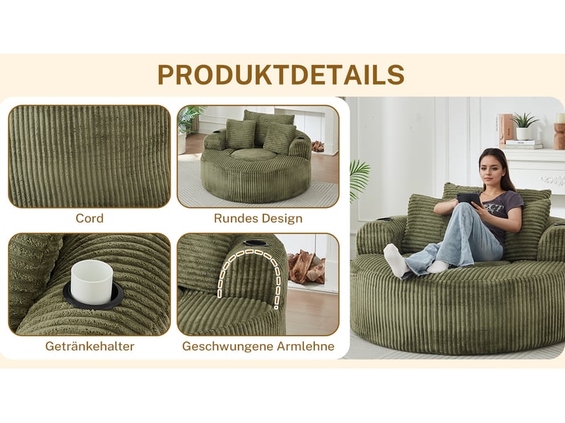  Fauteuil lounge rond 1 place en velours côtelé vert avec 3 coussins, porte-gobelets et rangements latéraux  - Conforama D
