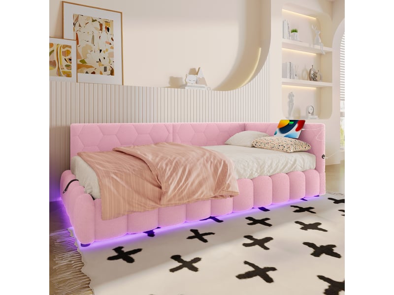  Canapé-lit 90 × 200 cm, rangement hydraulique, bande lumineuse led, port usb type-c, revêtement imitation feutre, rose  - Conforama D