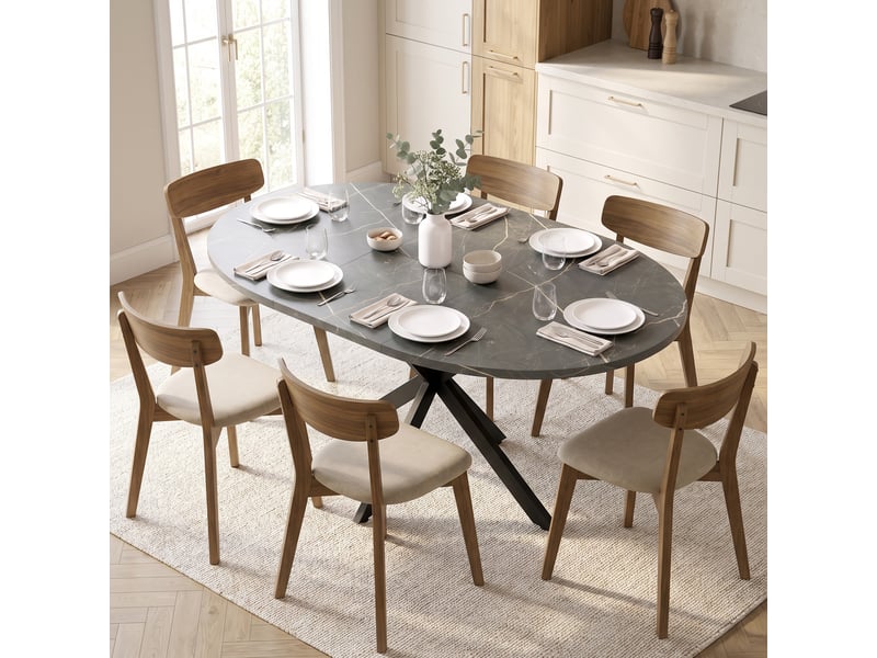  Table à manger extensible pour 4 à 6 personnes avec plateau extensible, piètement en x, marbre noir  - Conforama C