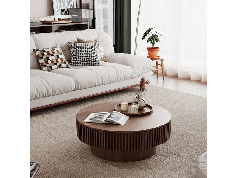  Table basse avec rangement table de salon en bois massif plaqué finition noyer forme ronde et style moderne  - Conforama B