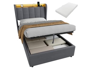Lit rembourré 90 × 200 cm 1 place avec matelas et veilleuse, lit pour enfant avec prise électrique et coffre de rangement, grand espace de rangement, gris foncé