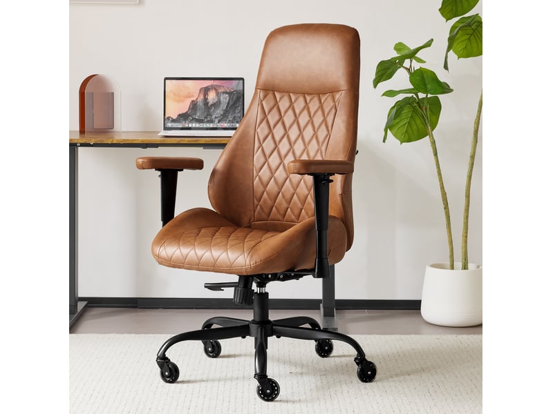  Fauteuil de bureau à haut dossier réglable, roulettes en caoutchouc, marron  - Conforama B
