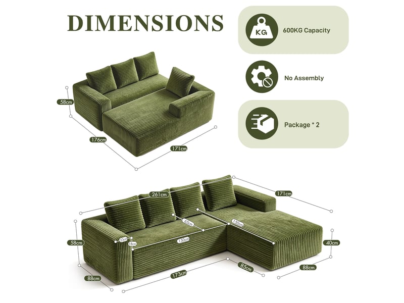  Canapé d'angle sectionnel - 261 x 173 x 58 cm-vert - tissu velours côtelé modulable pour salon design moderne sans assemblage  - Conforama B
