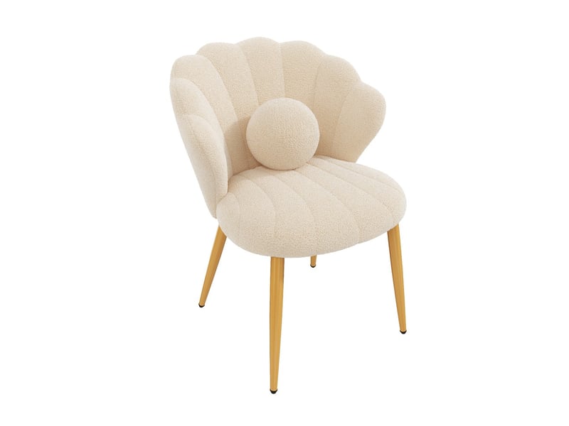  Chaise beige en tissu teddy, lot de 4, design coquille, assise rembourrée, coussin décoratif perles, pieds métalliques dorés  - Conforama A