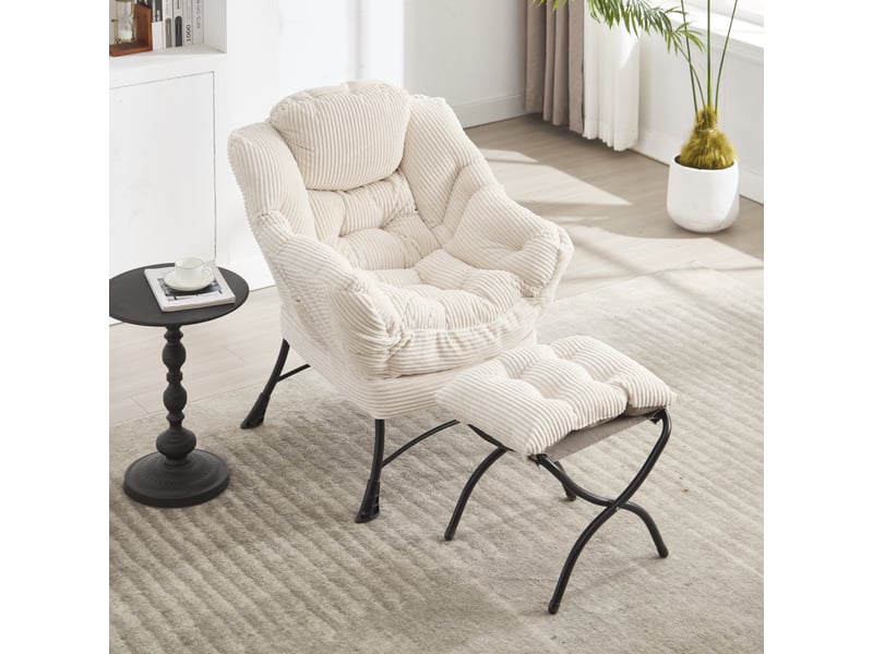  Fauteuil lounge 70x64x95cm – fauteuil de relaxation ergonomique rembourré avec repose-pieds et poche latérale – blanc  - Conforama B