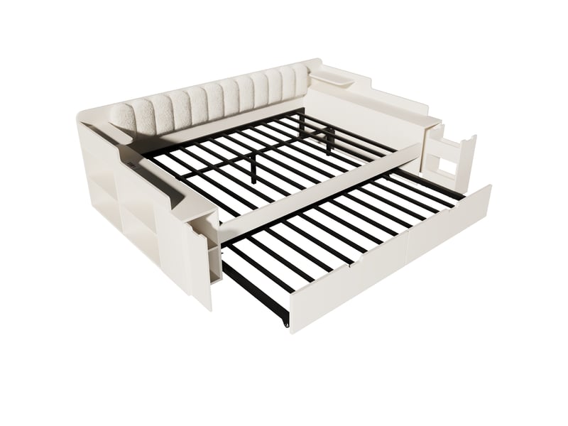  Lit gigogne 140x190 cm avec charge usb, rangements et dossier bouclé Fay Lum - Conforama E