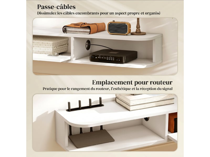  Meuble tv suspendu, meuble télé pour téléviseur jusqu'à 75 pouces, tiroir rabattable, 2 étagères, 180x24x16cm, blanc  - Conforama R