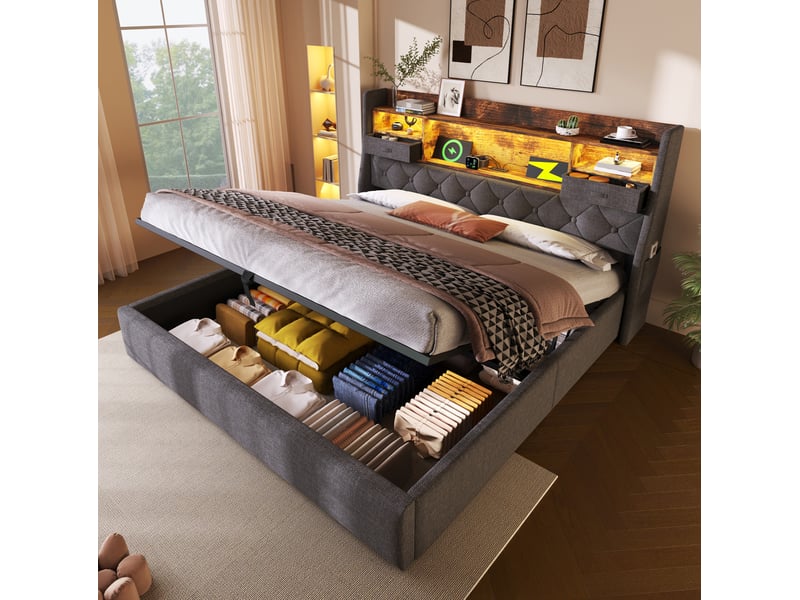  Lit coffre 140 × 200 cm 2 places avec led réglable, usb, type-c, rangement hydraulique et matelas inclus, en lin gris  - Conforama C