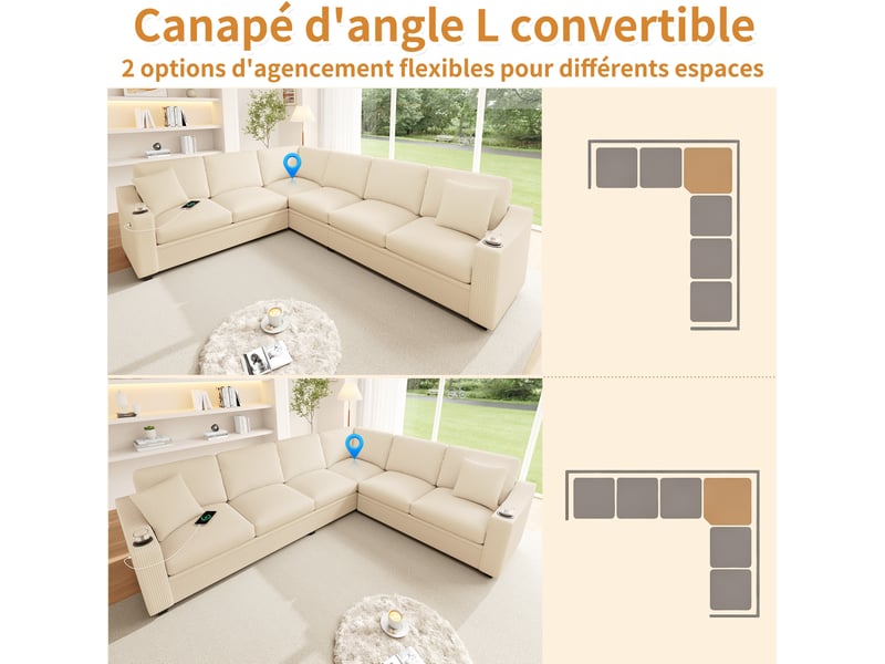 Canapé d’angle modulaire 277x215x85 cm 6 places, usb type-c, 2 porte-gobelets, 2 coussins, velours côtelé beige - Conforama E