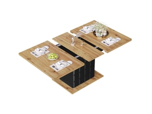 Table extensible (110)140×80x75cm avec portes à motif de damier, design à veines de bois, mdf, couleur naturel et noir