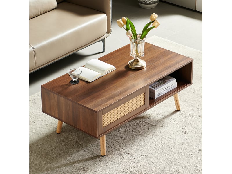  Table basse avec rangement, porte coulissante en rotin, mdf marron  - Conforama C