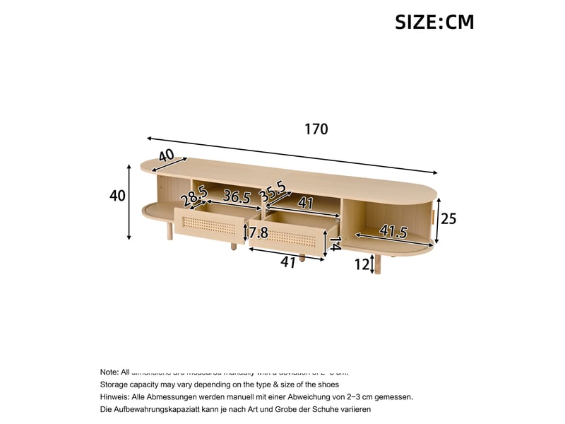  Meuble tv modenvie ovale 170 x 40 x 40 cm avec 2 tiroirs et 2 portes coulissantes mdf chêne clair  - Conforama C