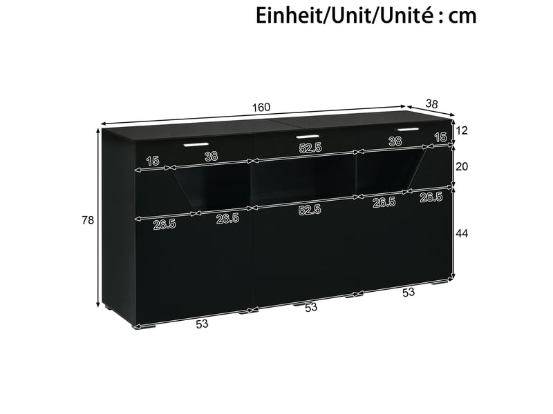  Buffet 160x38x78 cm avec led contrôlable par application, panneaux de particules noir  - Conforama E