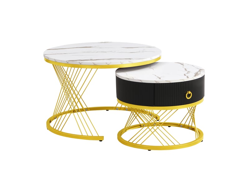  Tables basses gigognes 70x70x45 cm et 50x50x40 cm avec tiroir, plateau mdf, blanc et doré  - Conforama A