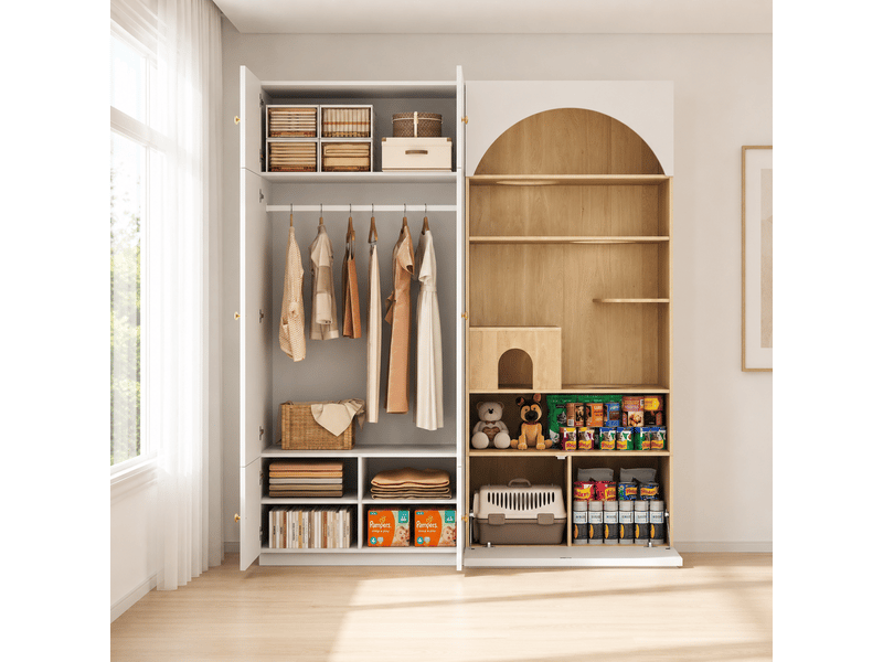  Armoire penderie 180x50x200 cm - meuble multifonction blanc et aspect bois avec tringle  - Conforama W