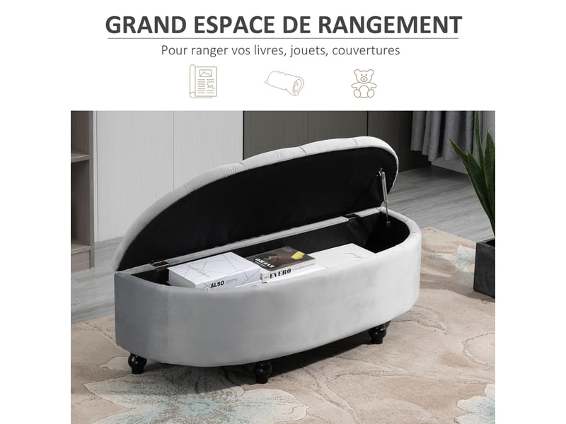  Banc de rangement, coffre de rangement design capitonné demi-cercle bout de lit avec revêtement velours, pieds en bois d'hévéa, pour salon, chambre, entrée, gris, 120 x 46 x 42 cm  - Conforama R