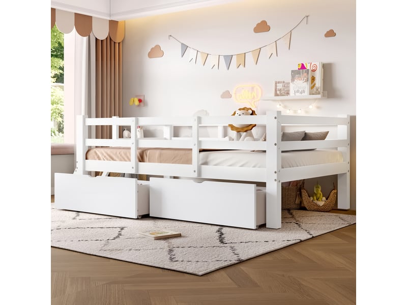 Lit enfant blanc 90x200 avec 2 tiroirs, barrières et ouverture latérale, structure en pin massif et mdf - Conforama D
