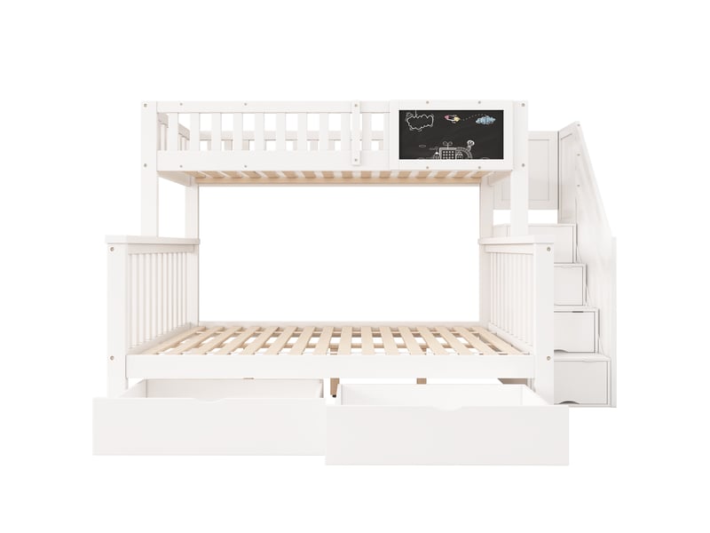  Lit superposé 90x200 cm + 140x200 cm, lit enfant multifonctionnel avec tableau noir et tiroirs, lit double, sans matelas, blanc  - Conforama W