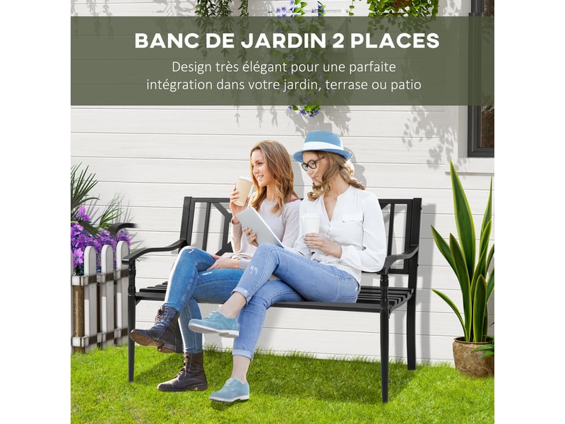  Banc de jardin 2 places banquette extérieur terrasse patio dossier haut assise à lattes accoudoirs  - Conforama E