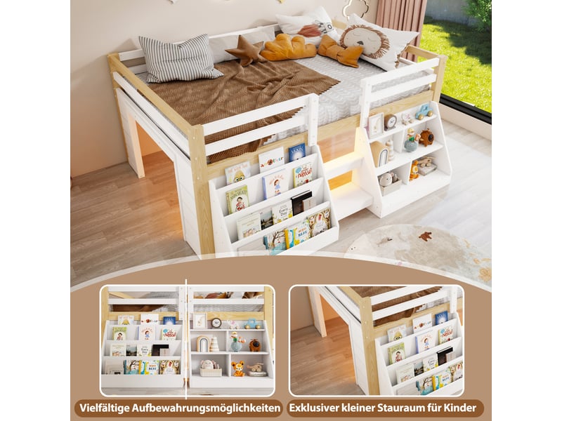  Lit mezzanine enfant 140x200cm en pin avec compartiments ouverts et led,lit superposé double avec échelle et barrières de sécurité,sans matelas-blanc+naturel  - Conforama E