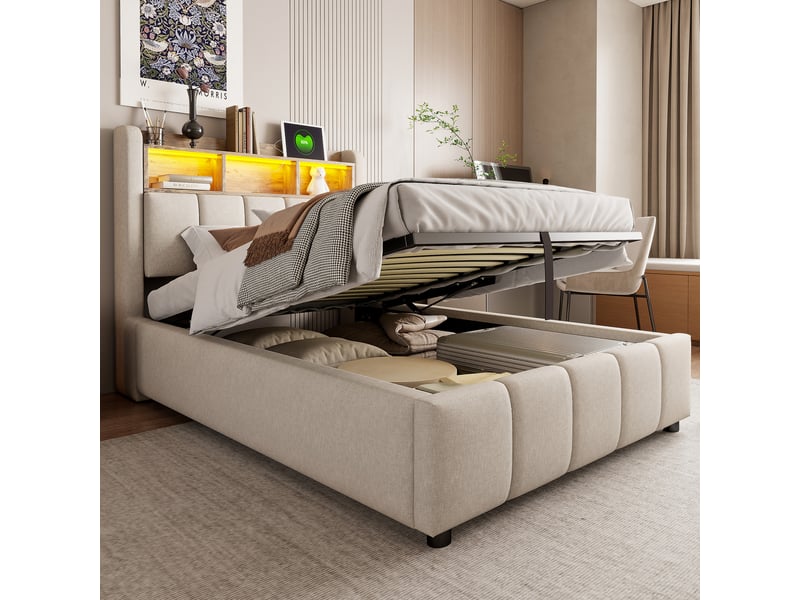 Lit coffre ado 90×200 cm avec led, usb et rangement hydraulique - lin beige - Conforama D
