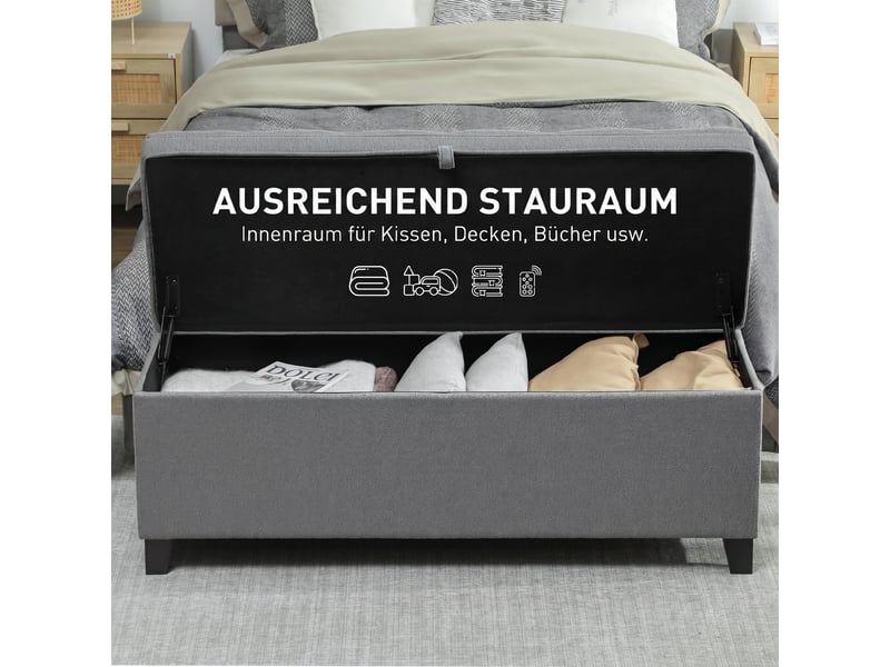  Banc coffre de rangement capitonné tissu aspect lin gris foncé 120 x 40 x 48 cm  - Conforama D