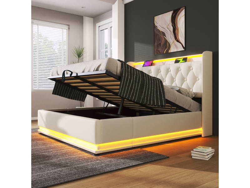 Lit double 160x200 cm simili cuir blanc led 360°, télécommande, coffre hydraulique et usb-c - Conforama D