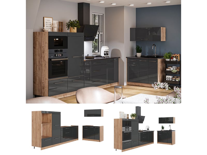 Vicco cuisine, anthracite haute brillancechêne de force doré, 380cm, pt anthracite - Conforama D