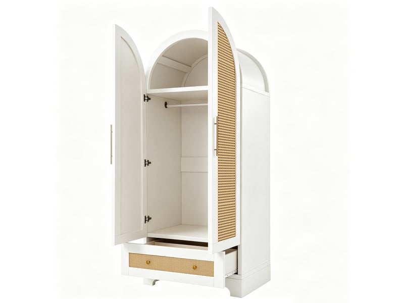  Armoire blanche 70x55x170 cm à 2 portes en rotin synthétique, tiroirs et étagères  - Conforama E