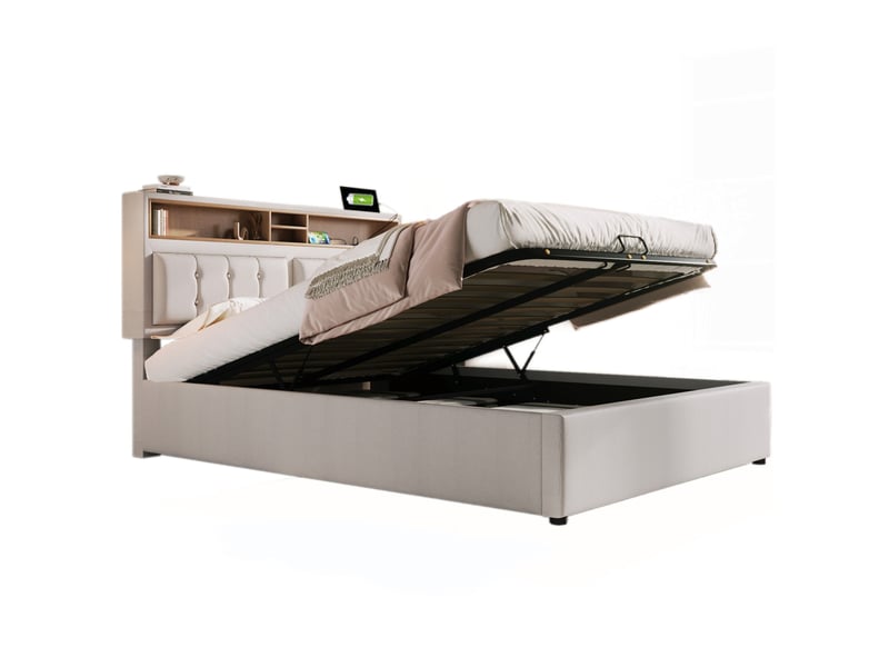  Lit double avec rangement en lin beige clair 140 x 200 cm avec matelas  - Conforama A
