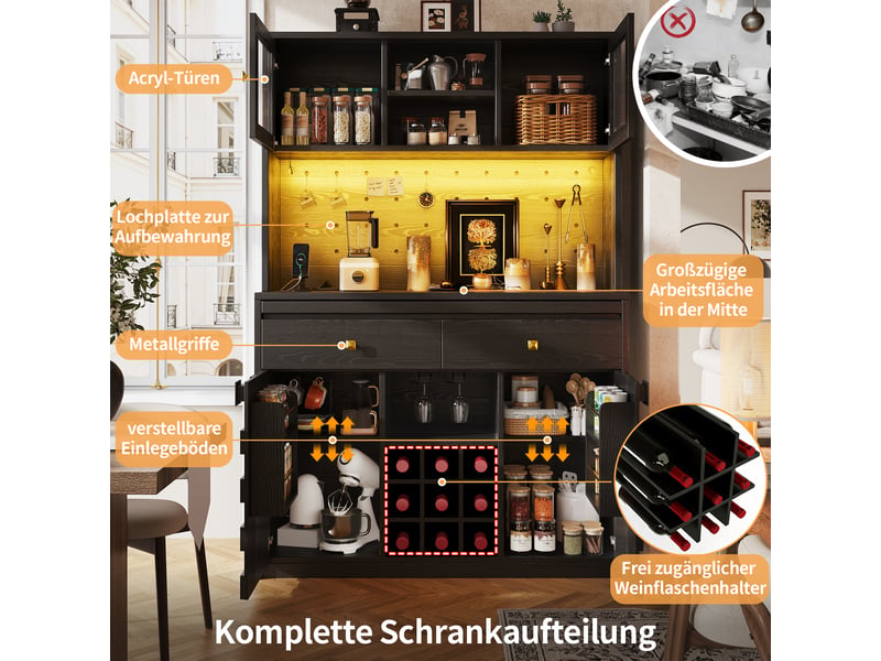 Buffet de cuisine 120x40x178 cm - 4 portes et 2 tiroirs, led rgb, 2 prises, 2 ports usb, rangement à vin - noir - Conforama E