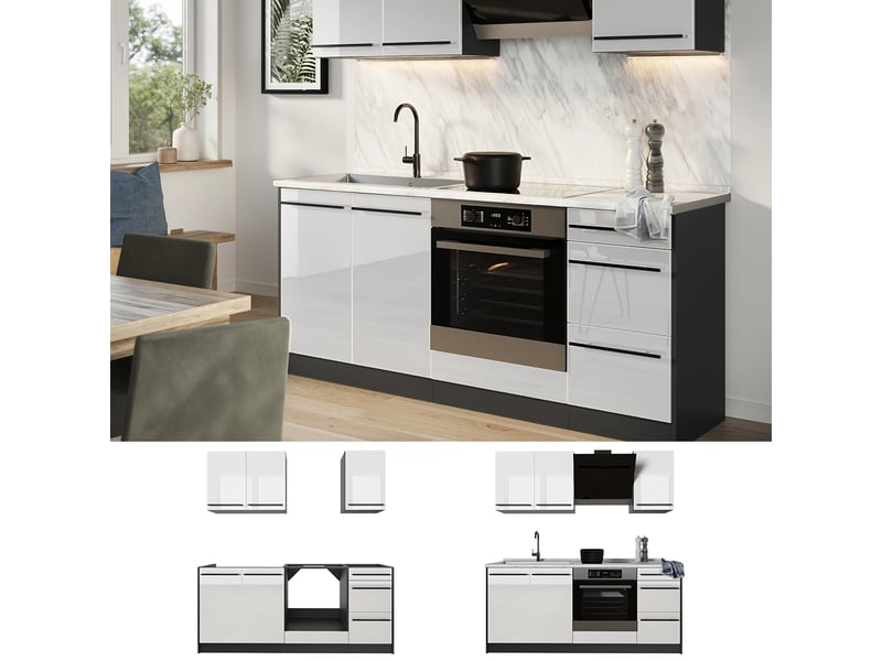 Vicco cuisine, blanc haute brillanceanthracite, 180cm plan de travail marbre - Conforama D