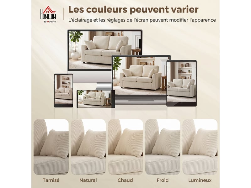  Canapé 2 places en velours côtelé, canapé de salon 144 cm avec assise large rembourrée, beige, 2 oreillers  - Conforama W