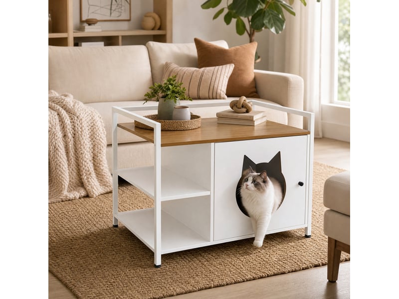  Meuble cache-litière félin avec table d'appoint 76x54x59 cm – blanc et chêne clair – 2 étagères ouvertes  - Conforama D
