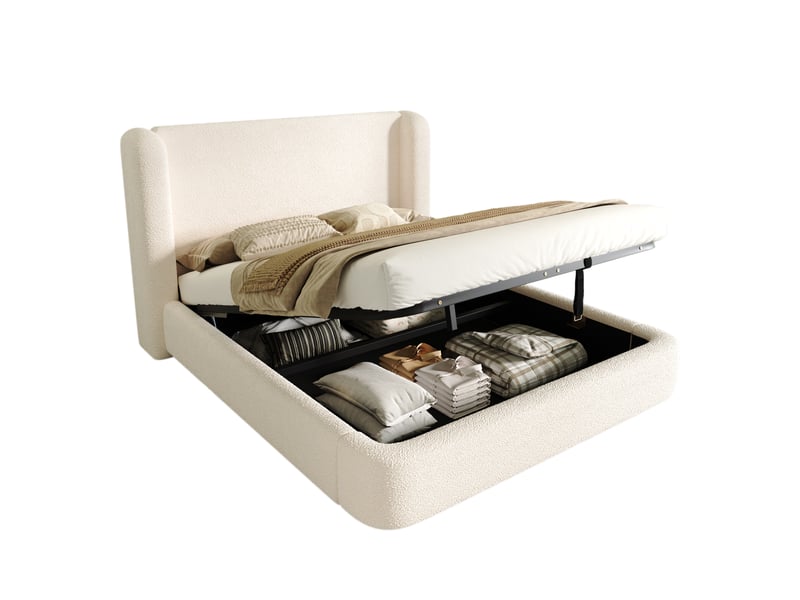  Lit coffre 2 places 140x200 cm avec rangement hydraulique, sommier à lattes, tête de lit déhoussable, coins arrondis, tissu bouclé beige  - Conforama A