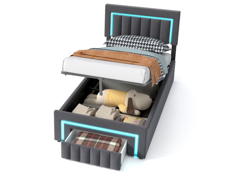 Lit coffre 90x200 cm avec boxspring, led et tiroirs de rangement - revêtement en velours gris foncé, structure métal et bois  - Conforama A