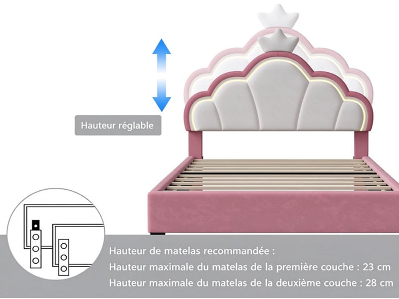 Lit enfant 90x190 cm ezssw, coloris rose - Conforama E