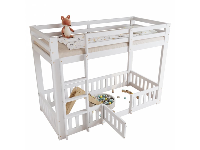  Lit superposé 90x200 cm avec échelle à angle droit, lit enfant avec barrières de sécurité et porte, blanc, lit simple en pin  - Conforama B