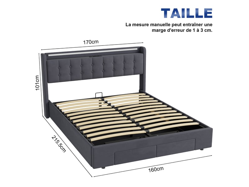  Lit 160x200 cm avec rangement, led et usb gris foncé  - Conforama C