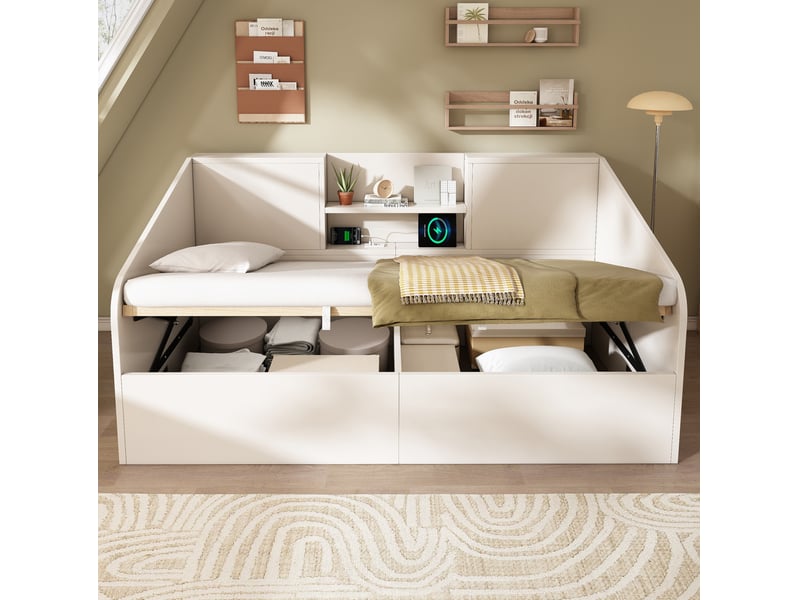 Lit banquette 90x190 cm – blanc – coffre hydraulique, étagères et station de charge usbtype-c - Conforama B