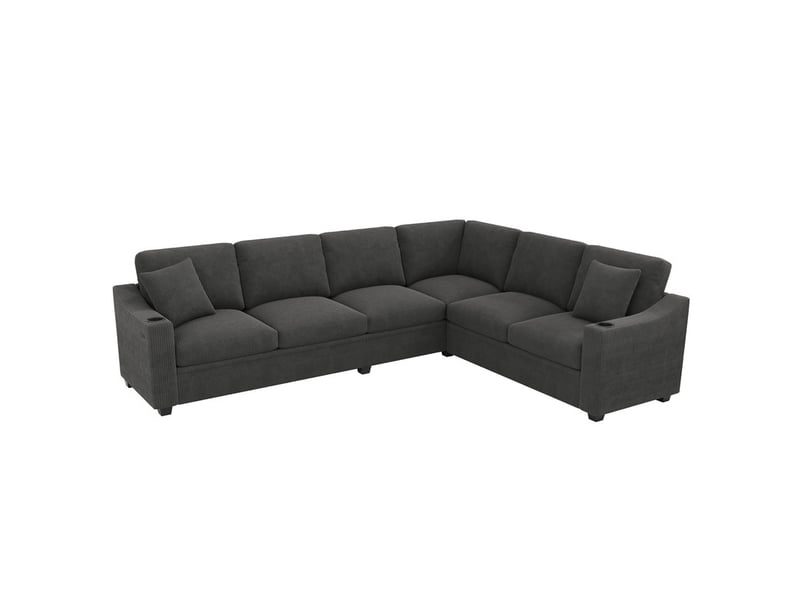 Canapé d'angle convertible,6 places, avec port de charge rapide usbtype-c, 2 porte-gobelets et 2 coussins,277 x 215 x 85 cm,gris - Conforama A