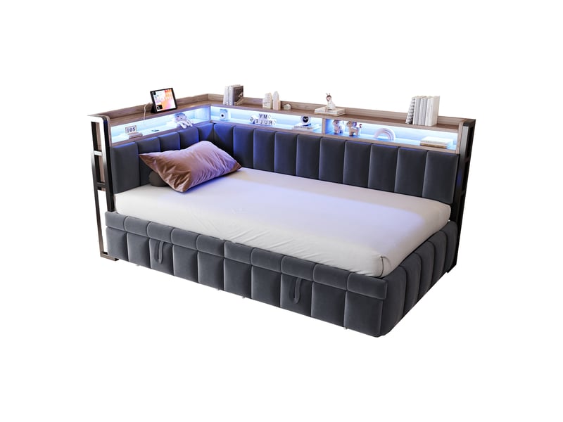  Canapé-lit 90 x 200 cm – avec lit gigogne – avec éclairage led – avec ports usb et type-c – gris foncé (matelas non inclus)  - Conforama A